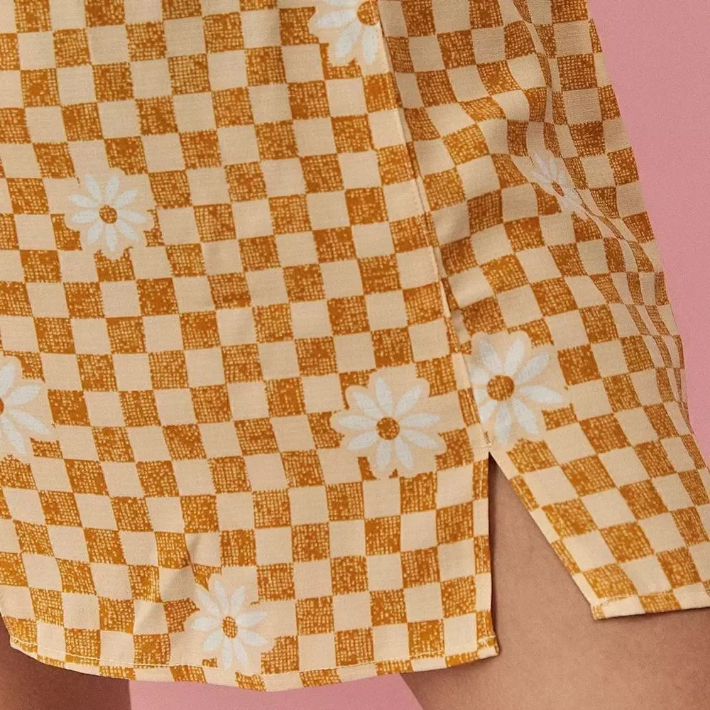 UO XS Lumi Daisy Gold Beige Check Print Spaghetti Strap Mini Bodycon Dress